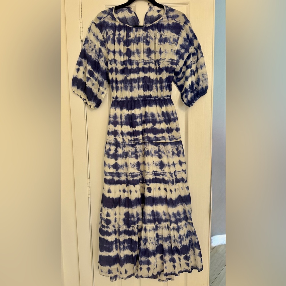 Mango Blue and White Maxi Dress with Open-Back Detail